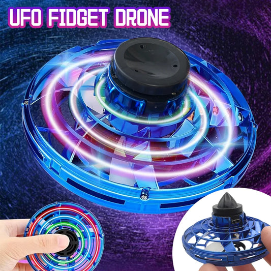 UFO fidget drone with colorful LED lights on a dark background